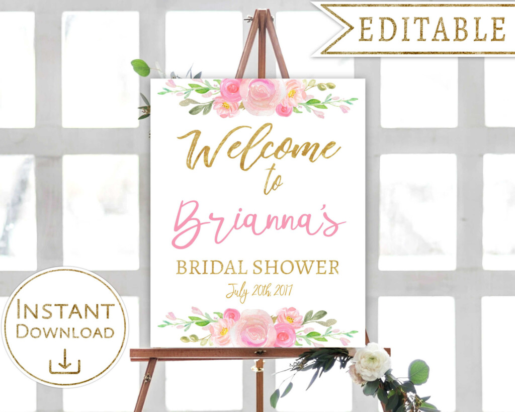 Bridal Shower Welcome Sign Floral Blush Pink Gold Watercolor Editable 