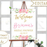 Bridal Shower Welcome Sign Floral Blush Pink Gold Watercolor Editable