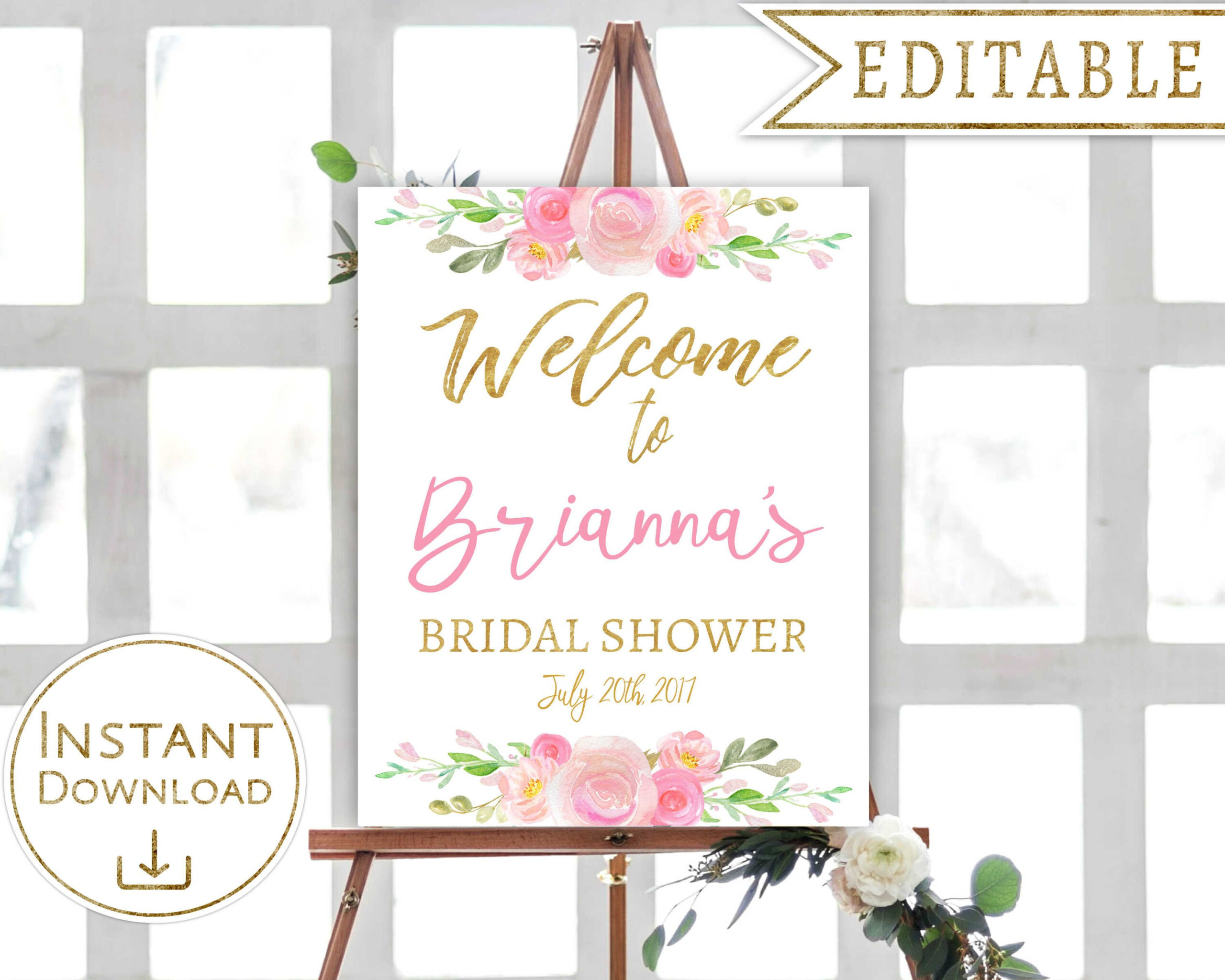 Bridal Shower Welcome Sign Floral Blush Pink Gold Watercolor Editable