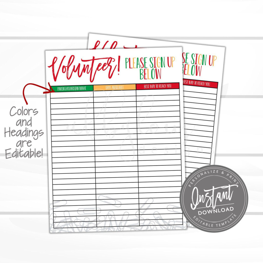 EDITABLE Teacher Volunteer Printable PTO PTA Sign Up Sheet Editable 