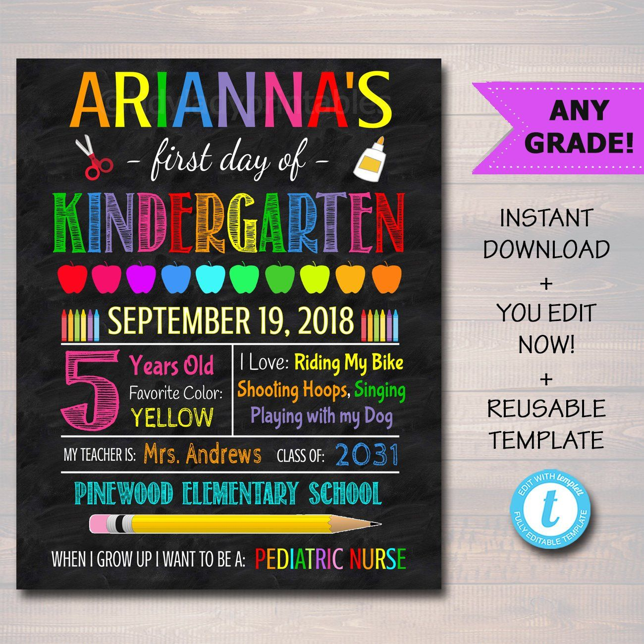 First Day Of School Sign Personalized Printable DIY Template School 