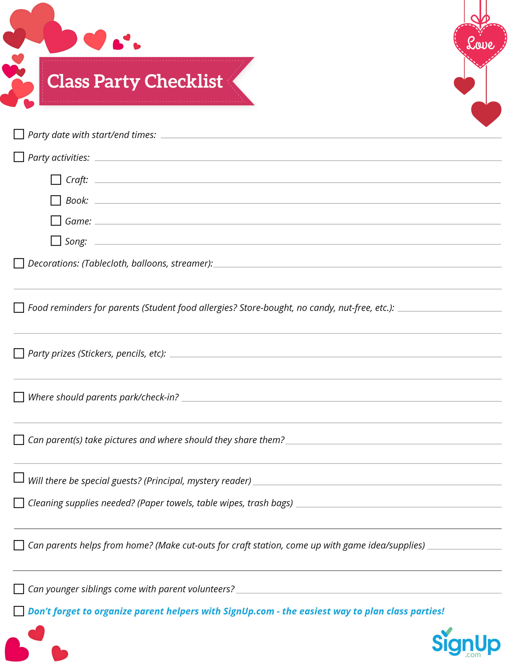 Free Downloadable Valentine s Day Class Party Checklist SignUp