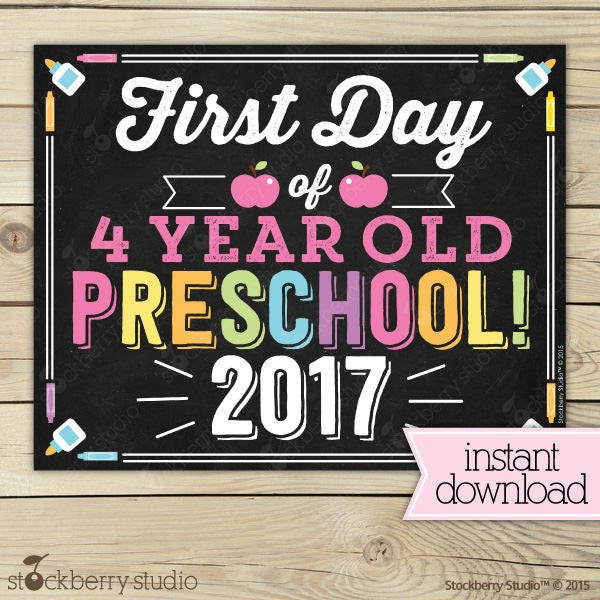 Girl First Day Of 4 Year Old Preschool Sign 1st Day Of