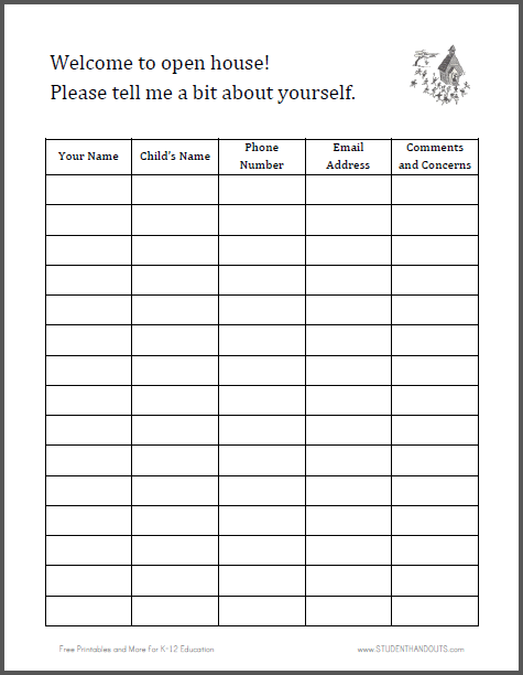 Printable Sign in Sheet For Open House Student Handouts