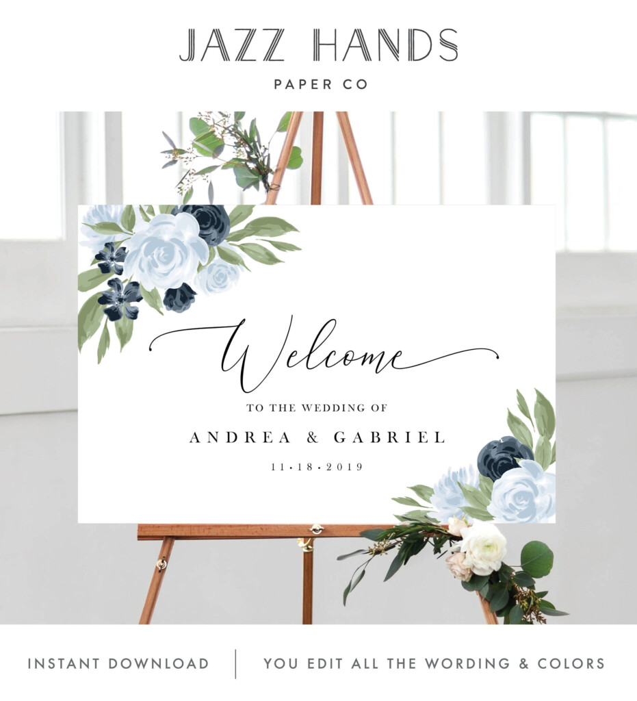Wedding Welcome Sign Template With Dusty Blue And Navy Floral Design 