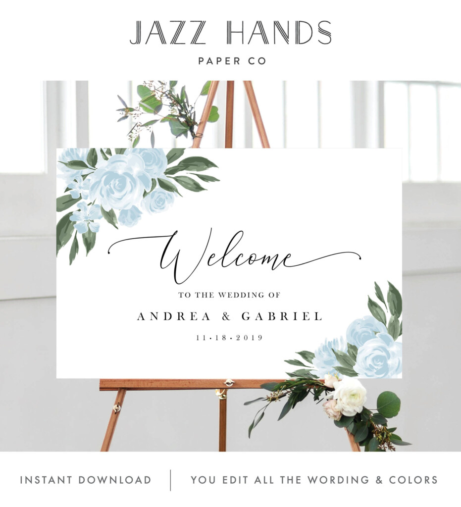 Wedding Welcome Sign Template With Greenery And Dusty Blue Etsy 