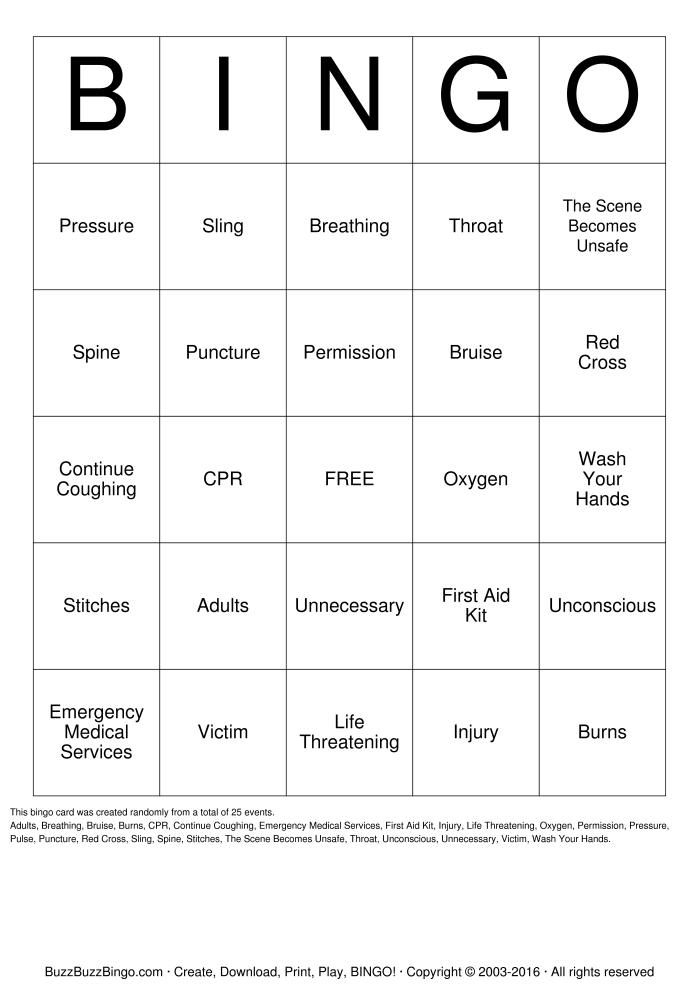 First Aid Bingo Cards Printable Bingo Cards Printable Bingo Cards Bingo