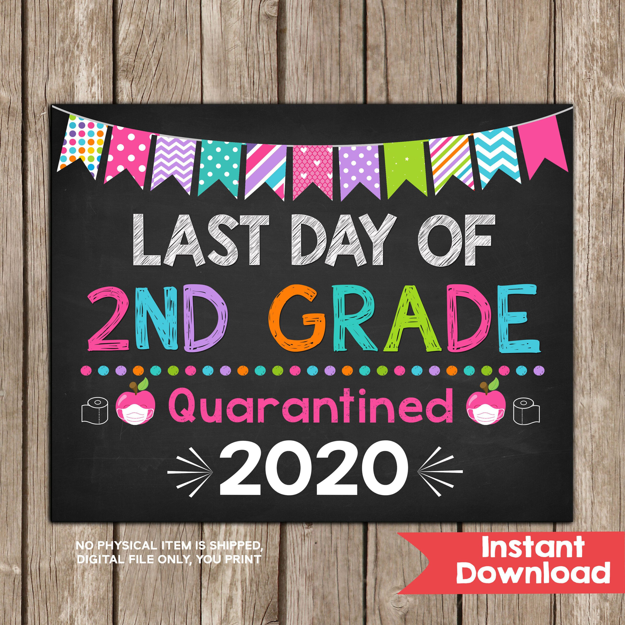 Girl Last Day Of 2nd Grade Quarantined Sign INSTANT DOWNLOAD Photo Prop 