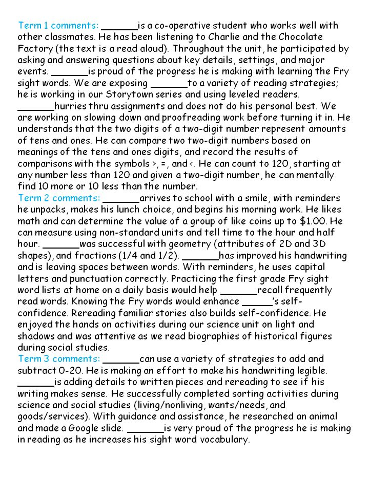 Report Card Comments For First And Second Grade Copy And Paste Report 