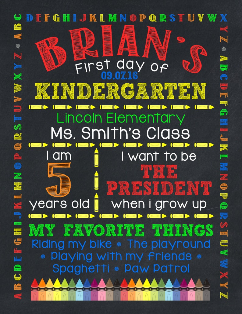 Boy s Printable First Day Of Kindergarten Chalkboard Sign Etsy