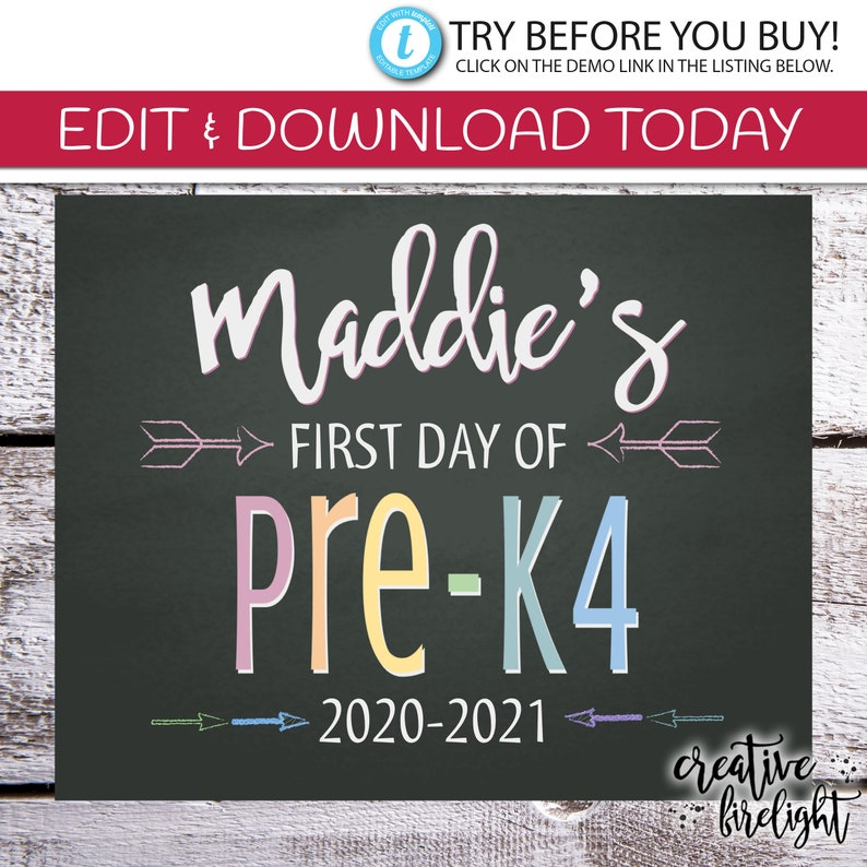 EDITABLE First Day Of Pre K4 School Printable Sign 8 X 10 Etsy