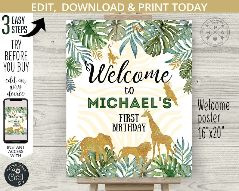 EDITABLE Jungle Welcome Poster Sign 1st First Birthday Safari Etsy