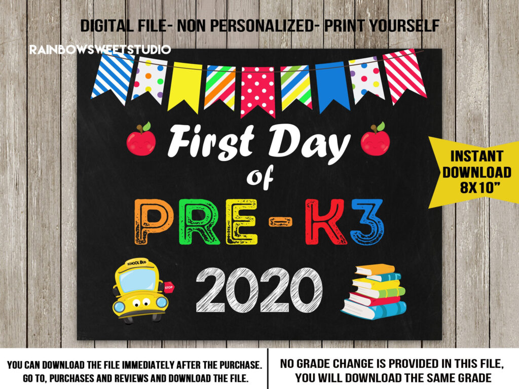 First Day Of PRE K3 Sign First Day Of School Sign Printable Etsy