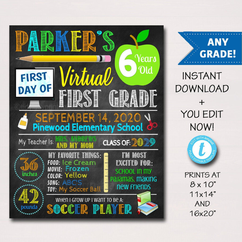First Day Of Virtual School Sign Any Grade Editable Template In 