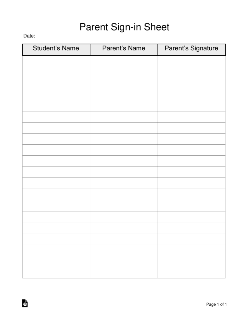 Free Parent Sign in Sheet Template Word PDF EForms