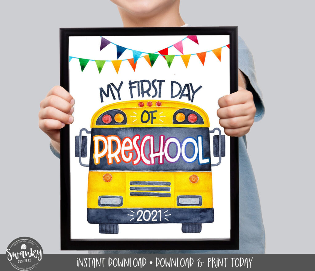 My First Day Of Preschool Sign Printable School Bus First Day Etsy