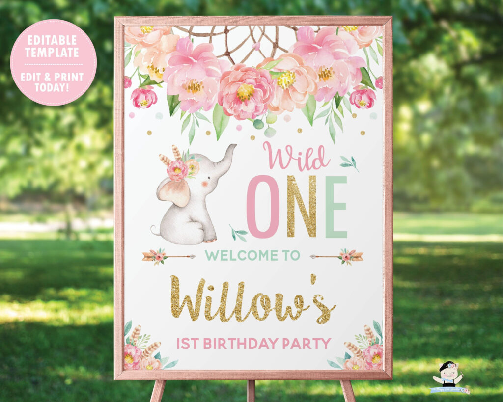 Wild One Welcome Sign EDITABLE TEMPLATE Elephant Safari Jungle 