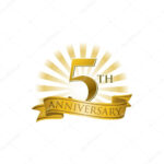 5th Anniversary Ribbon Logo With Golden Rays Of Light Stock Vector