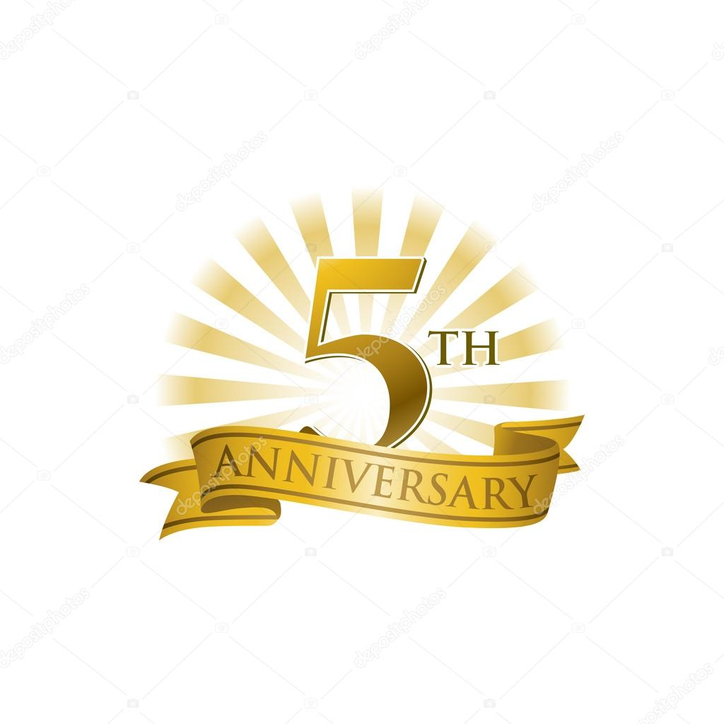 5th Anniversary Ribbon Logo With Golden Rays Of Light Stock Vector 