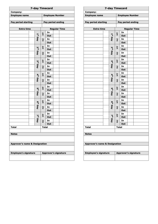 7 Day Time Card Template Two Per Page Printable Pdf Download