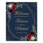 Burgundy Floral Gold Frame Navy Blue Wedding Sign Zazzle au