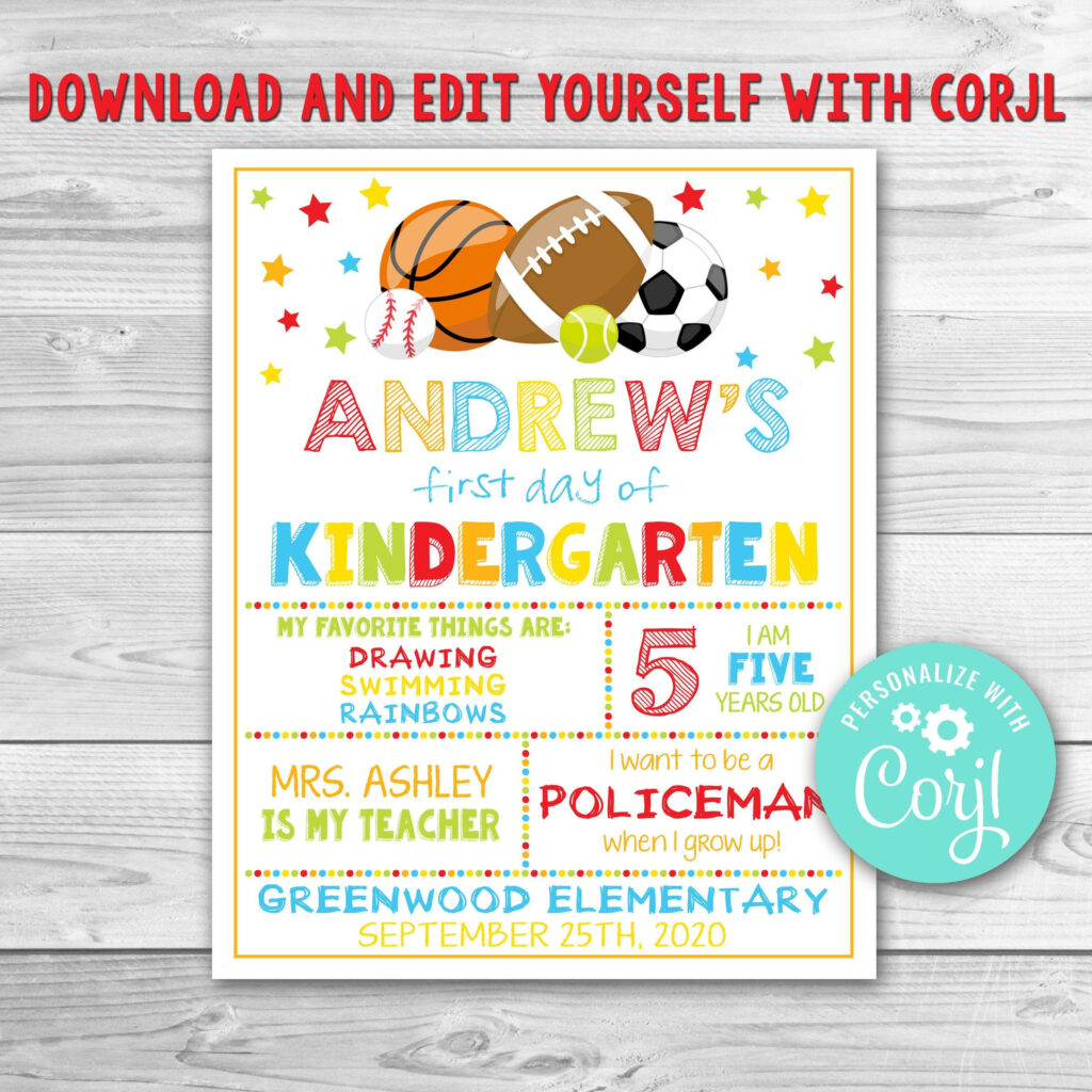 Editable First Day Of Kindergarten Sign Sport First Day Of Etsy 