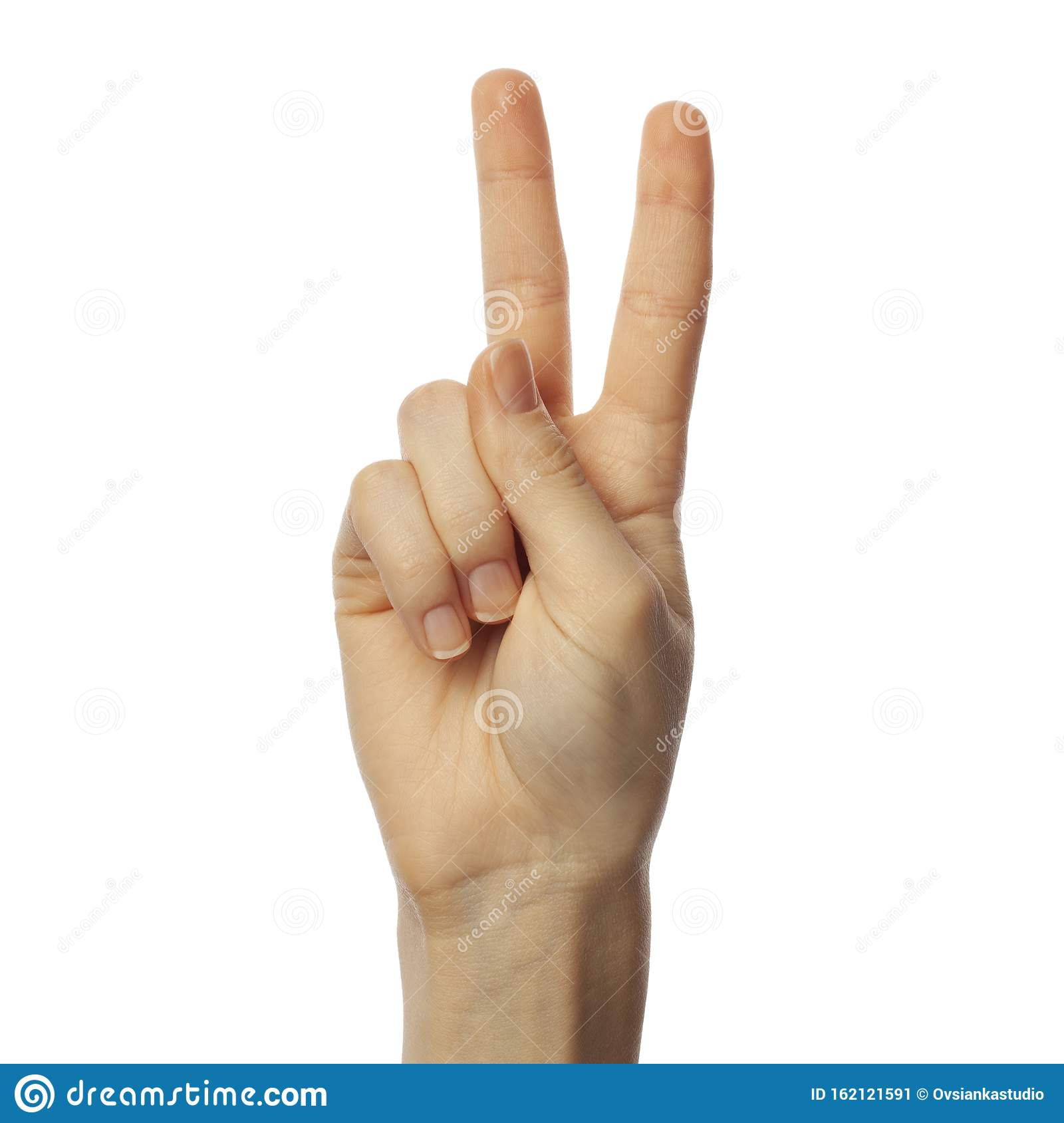 Finger Spelling Letter V In American Sign Language On White Background 