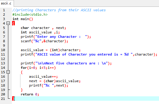 Information C Program Code For Printing Characters From Their ASCII Values