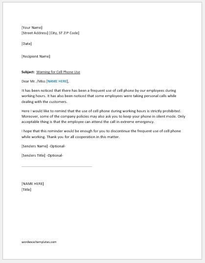 Warning Letter For Cell Phone Use At Work Word Excel Templates